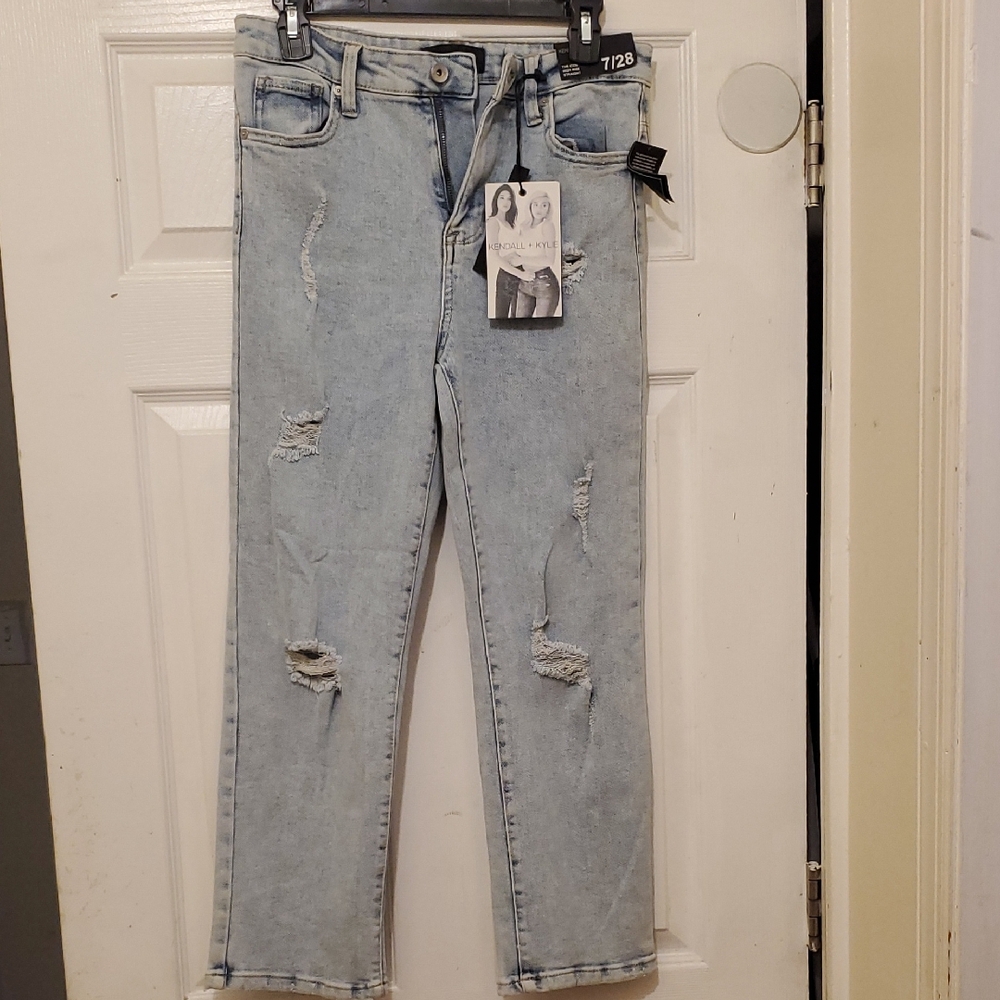 Stylish High Rise Straight Light Blue Distressed Women's Jeans